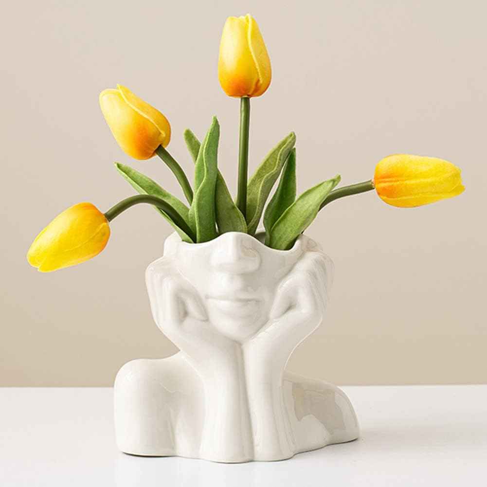 Ceramic Face Vase, White Flower Vases for Decor Female Form Head Half Body Vase Boho Unique Decorative Modern Style for Home Living Room Office Book Shelf (Medium)