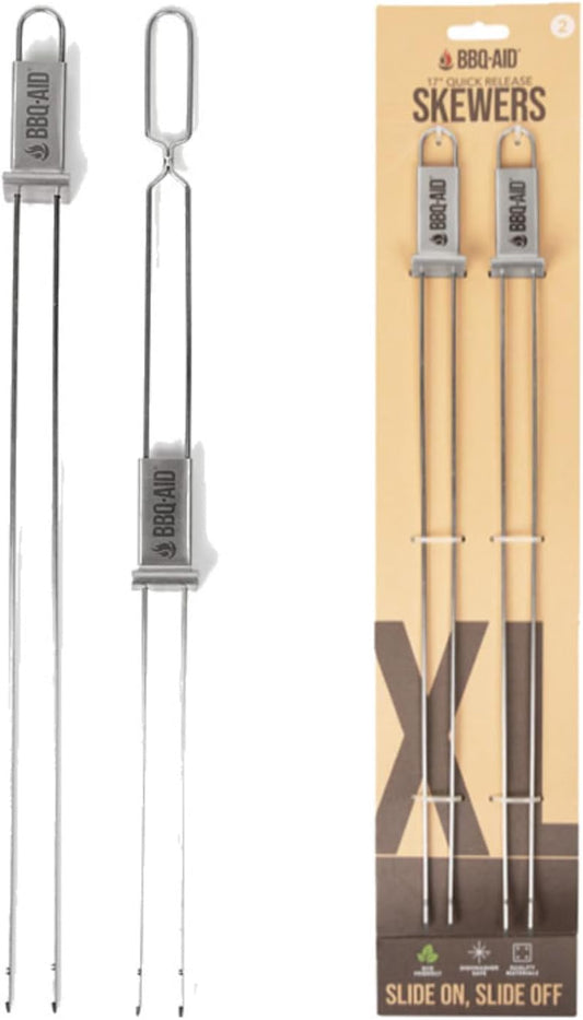BBQ-AID Extra Long 17" Skewers - Quick Release Barbecue Metal Skewers for Kabobs - Double Pronged, Stainless Steel