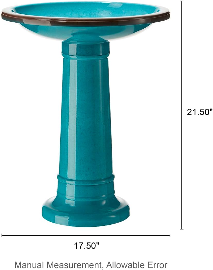 Glitzhome 21.5" H Plastic Turquoise Faux Ceramic Bird Bath for Outside, Hand-Painted Tall Pedestal Birdbath in Weather Resistant for Outdoor Patio Garden Backyard Decking