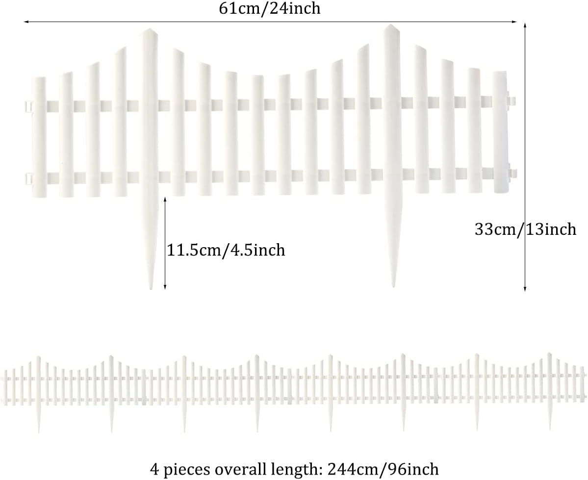 Sungmor Plastic White Garden Picket Fence, Grass Lawn Flower Beds Landscaping Edging Borders, Outdoor Path Fence Panels, Pack of 8, Lightweight & Easy Installation