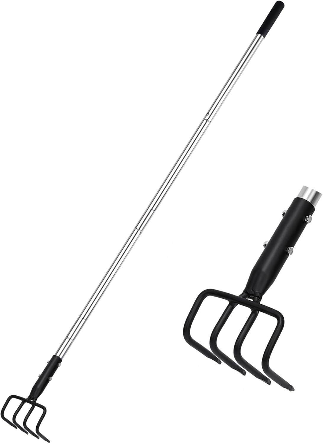 Long Hand Cultivator, Carbon Steel & Stainless Steel Tiller Cultivator, Garden Cultivator with Telescopic Handle and Soft Handle Cover, Hand Tiller for Digging Loosening Weeding
