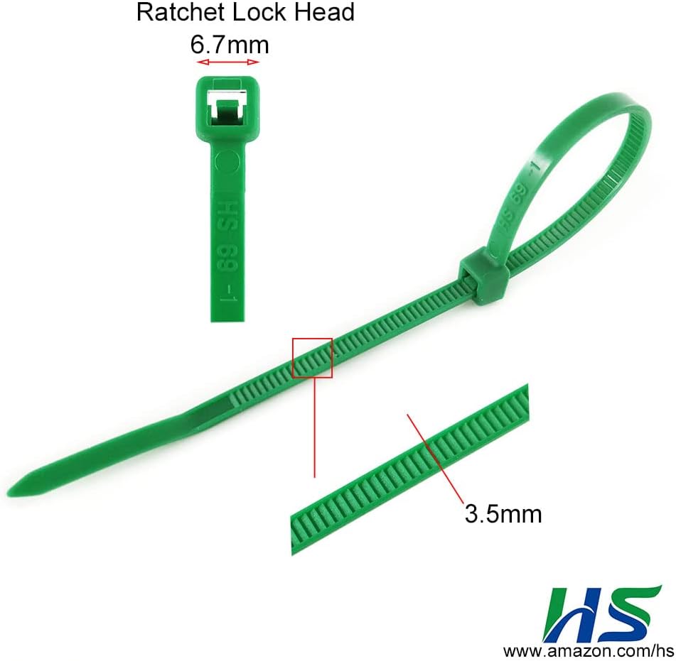 HS Green Zip Ties 8 Inch (Bulk-1000 Pack) Nylon Cable Ties 40 Lbs Self-Locking Wire Ties for Electronics Organizer
