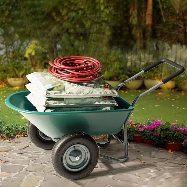 Idzo 2-Wheel Heavy-Duty Wheelbarrow Cart, 330 lb Capacity, Ergonomic Padded Handle and 14 Inch Pneumatic Tires for Maximum Stability, Ideal Wagon for Moving Soil, Shrubs, Plants, Easy Assembly