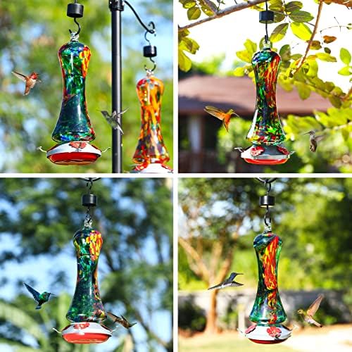 Glass Hummingbird Feeder for Outdoors: Leak Proof Hanging Hummingbirds Present for Women - Ant Moat & Hang Hook Included, Metal Base with 4 Feeding Ports & Perch, 20 Fluid Oz, Best Garden Decor
