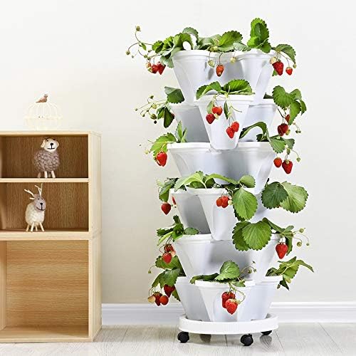 5 Tier Stackable Strawberry Planter Vertical Garden Stacking Herb Vegetable Planters with Removable Wheels Saucer, 4- Compartment Pot