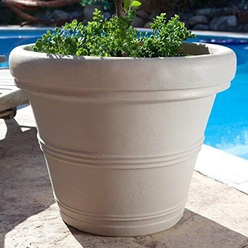 Crescent Garden Brunello Classic Rolled Rim Planter Pot, Indoor/Outdoor Weather-Safe Round Plant Pot, 16'' (Weathered Concrete)