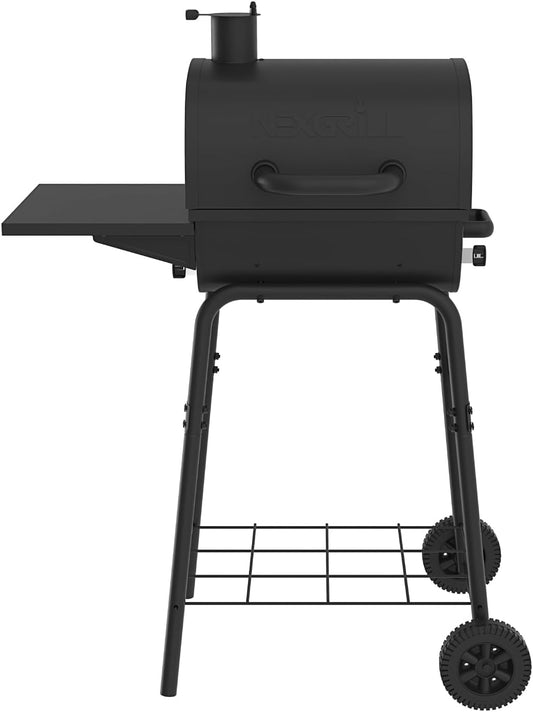 Nexgrill 17.5" Charcoal Grill with Side Shelf, 349 SQ In Cooking Space, Adjustable Chimney, Air Dampers, Temperature Gauge, Warming Rack, Barrel Smoker Grill for Camping, Picnics, and More - 810-0063