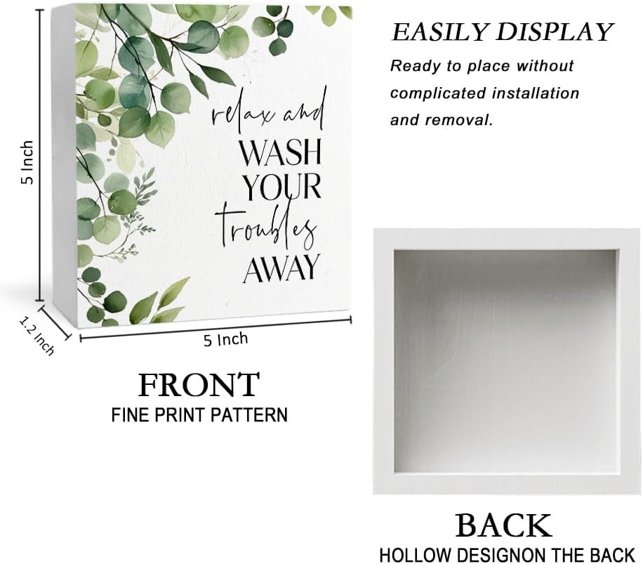 Funny Bathroom Signs, Wash Your Troubles Away Funny Bathroom Wooden Box Sign, Eucalyptus Botanical Wood Signs Plaque for Restroom Washroom Toilet Counter Shelf Table Decor, 5x5 Inch