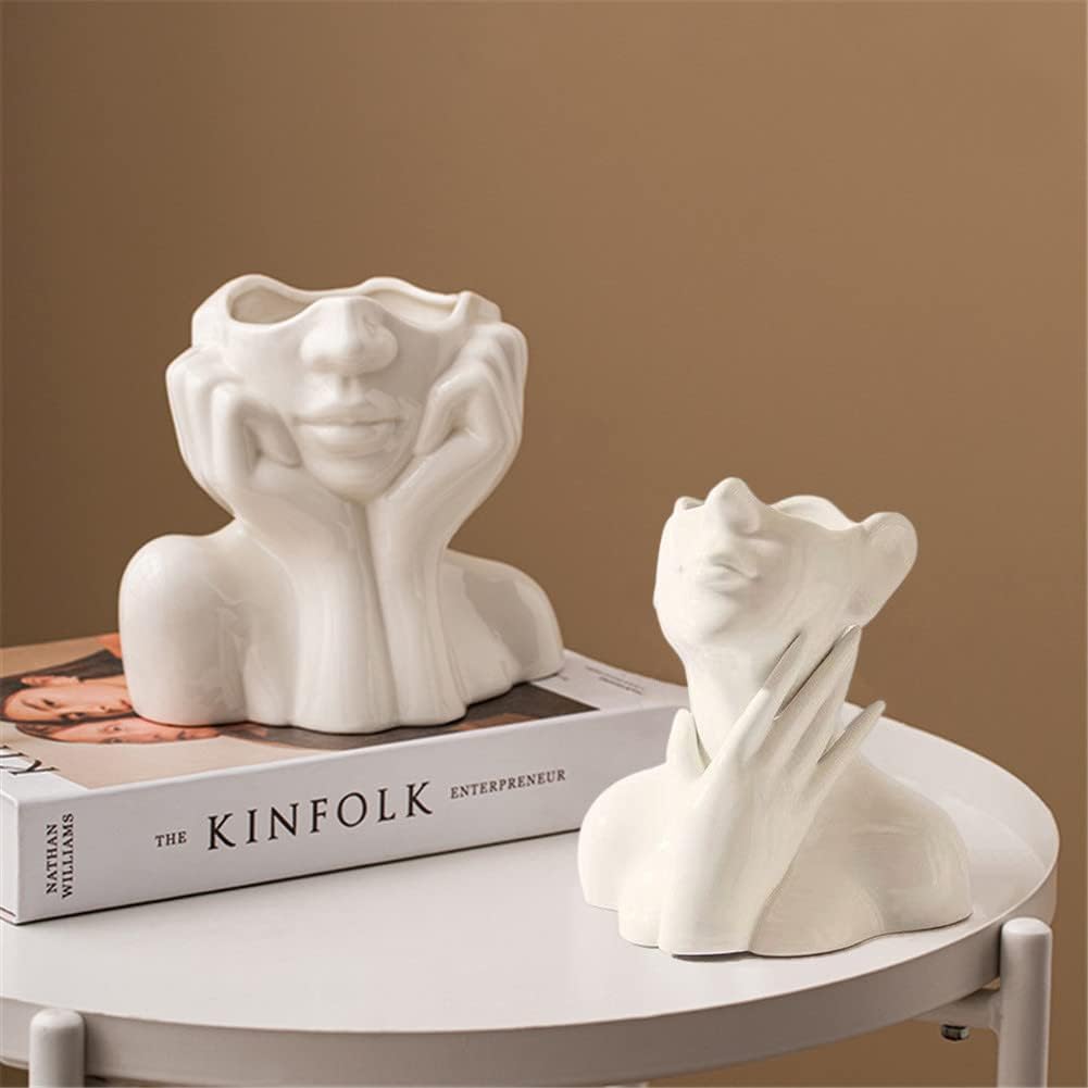 Ceramic Face Vase, White Flower Vases for Decor Female Form Head Half Body Vase Boho Unique Decorative Modern Style for Home Living Room Office Book Shelf (Medium)
