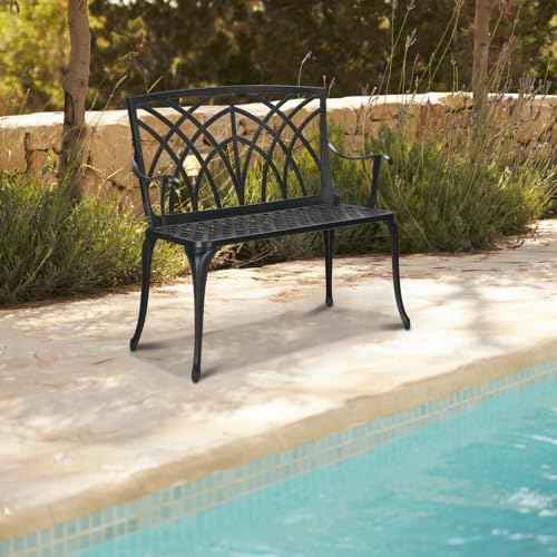 38" Outdoor Garden Bench, Patio Furniture Outdoor Chair with Aluminum Frame, Weather Proof Patio Park Bench with Orchid Backrest for Park, Porch, Pool, Backyard