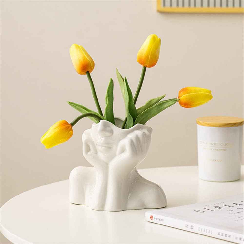 Ceramic Face Vase, White Flower Vases for Decor Female Form Head Half Body Vase Boho Unique Decorative Modern Style for Home Living Room Office Book Shelf (Medium)