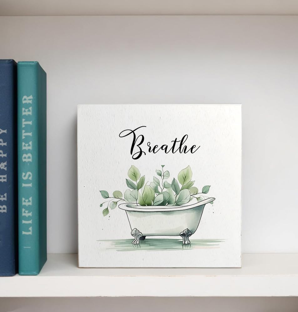 Breathe Funny Bathroom Wooden Box Sign, Eucalyptus Botanical Wood Signs for Restroom Bathroom Toilet Half Bath Shelf Counter Decor, 5x5 Inch