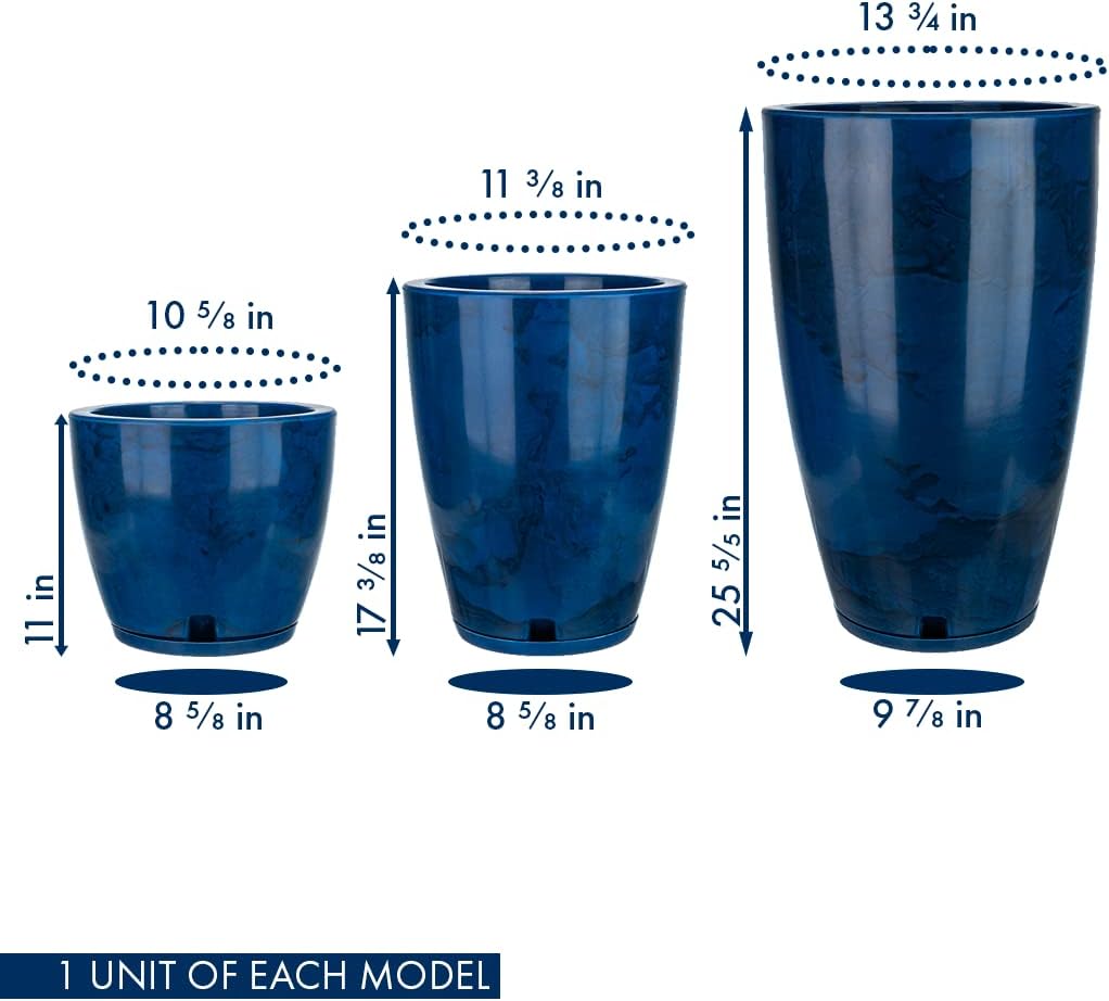 Floridis Planter, Set of 3, Outdoor/Indoor, Plastic Resin (Blue - Marble Effect)