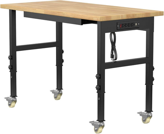 48" Adjustable Workbench,Heavy-Duty Work Table,3000 LBS Load Capacity Hardwood Workstation Outlets with Power Strips, Drawers and Wheels,for Workshop, Garage