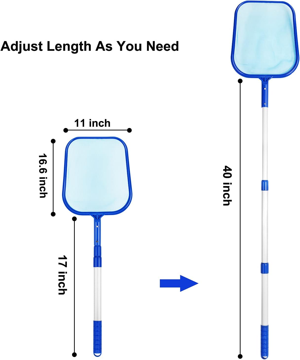 Pool Skimmer Net with Adjustable 17-40" Telescopic Pole - Fine Mesh Net - Leaf Skimmer for Cleaning Surface of Swimming Pools, Hot Tubs, Spas and Fountains