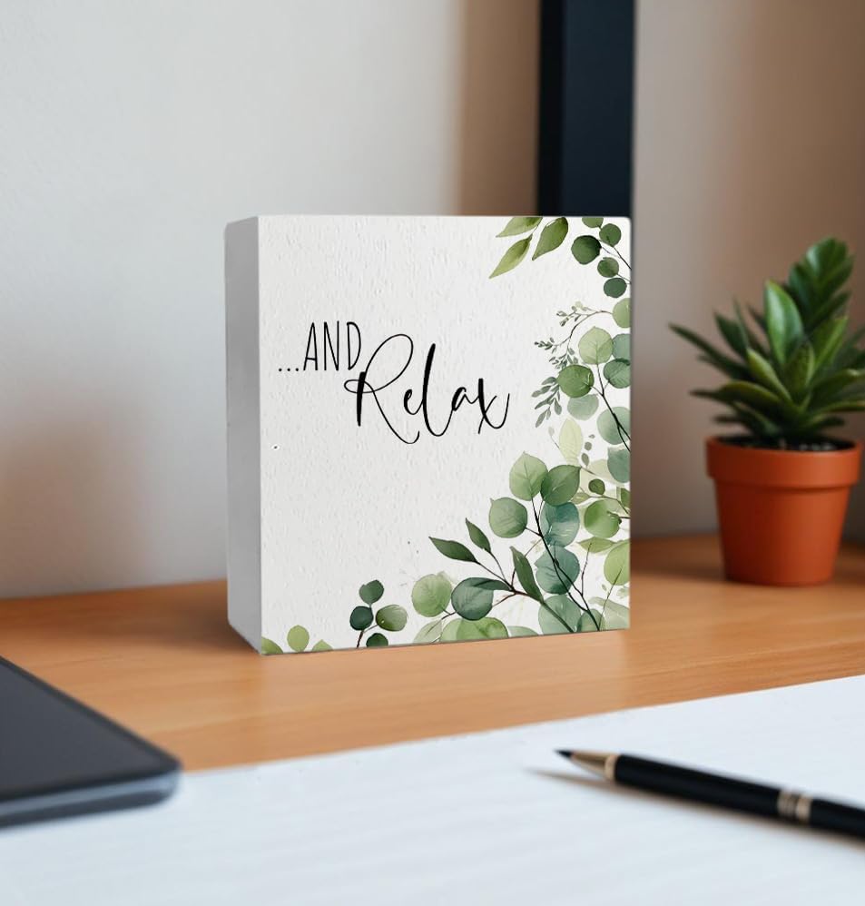 Relax Sign, Funny Bathroom Wooden Box Sign, Eucalyptus Botanical Wood Signs Plaque for Restroom Washroom Toilet Counter Shelf Table Decor, 5x5 Inch