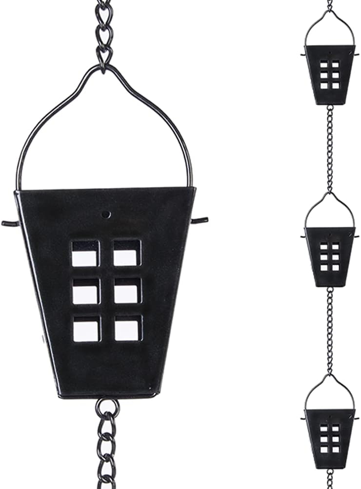 Square Rain Chain, 10 Ft Black Rain Gutter Chains with 12 Cups, Adjustable Rain Catcher Chain with Bell for Eaves Drainage, Outdoor Replacement Downspout for Gutters