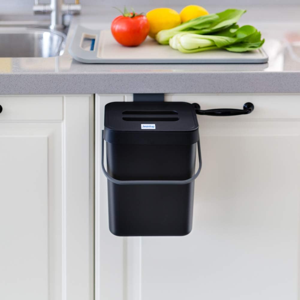 Compost Bin for Kitchen Countertop Under Sink,Bathroom Hanging Small Trash Can with Lid,Mountable Food Waste Bucket,1.3 Gal/5 L Series,Black