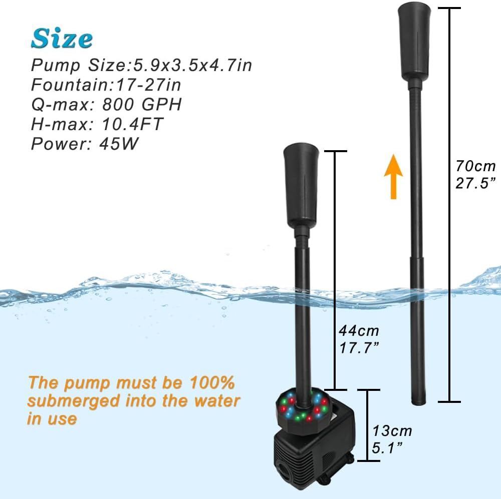 DOMICA 45W LED Pond Pump with Fountain Kit, 792 GPH Submersible Garden Water Fountain Pump, 3000L/H for Waterfall, Hydroponics, Aquariums, Fish Tanks, Indoor Outdoor