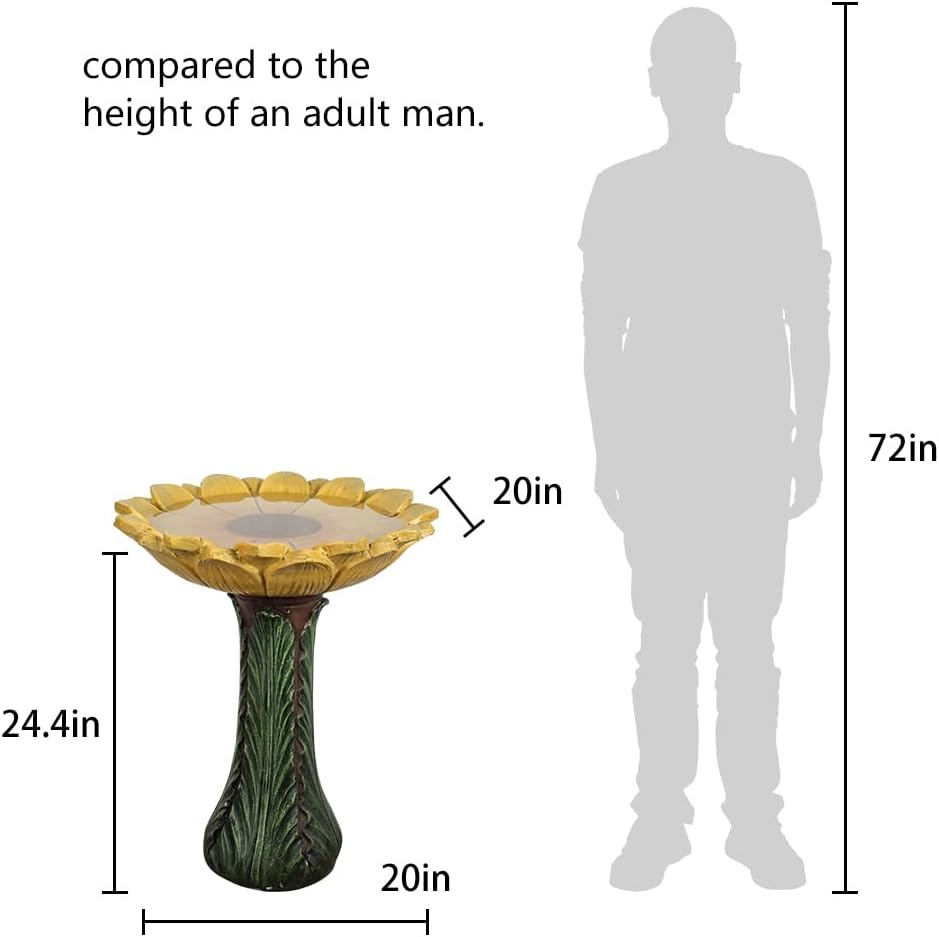 Garden Birdbath Sunflower Shaped, 24.4" H * 20" Φ Freestanding Concrete Bird Bath for Outside Patio Yard Decor