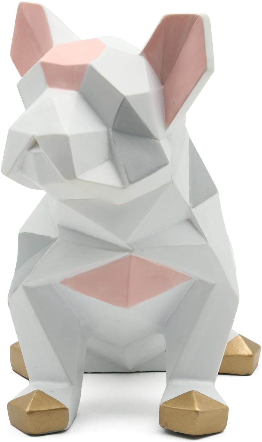 POTAMI Bulldog Sculpture Statue Geometric Gifts Figurine, Modern Art Decor, White and Pink with Gold Feet