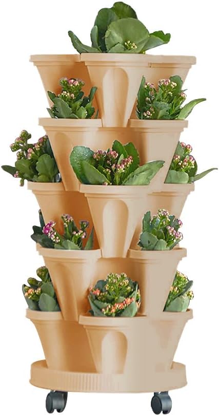 5 Tier Stackable Strawberry Planter Vertical Garden Stacking Herb Vegetable Planters with Removable Wheels Saucer, 4- Compartment Pot