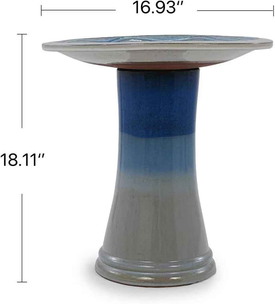 17'' Ceramic Bird Bath for Outside, Elegant Tall Pedestal Birdbath with Blue Ombre Glaze, Lightweight Outdoor Bird Bath with Swirl Pattern for Garden Patio Yard