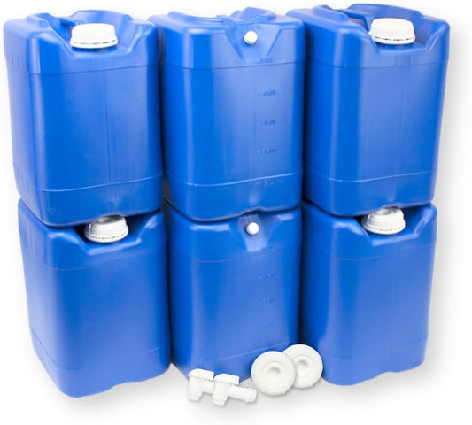 5-Gallon Stackable Water Storage Containers, w/Lids + Spigots, Easy Fill, Survial Supply, Emergency Water Storage for Camping and Disaster Preparedness, RV, Camping, 30 Gallon (6 Tanks Set)