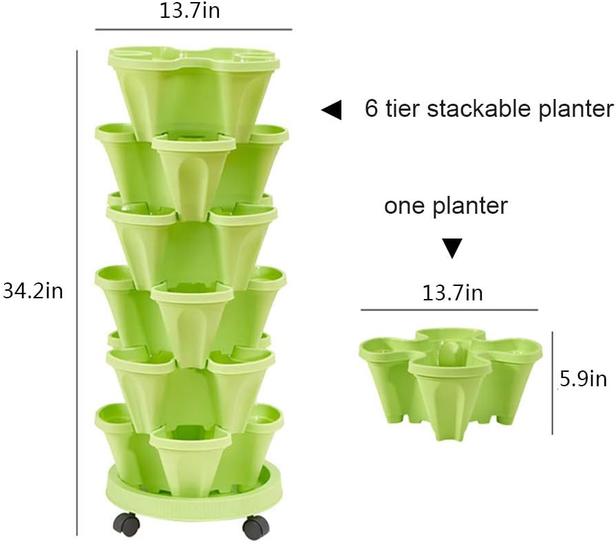 5 Tier Stackable Strawberry Planter Vertical Garden Stacking Herb Vegetable Planters with Removable Wheels Saucer, 4- Compartment Pot