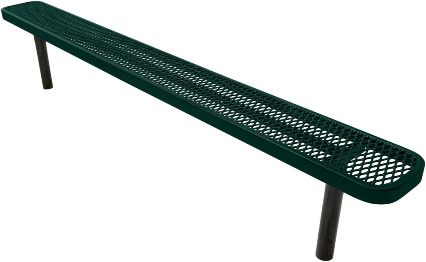 Coated Outdoor Furniture Heavy-Duty Outdoor Bench Thermoplastic Coated, Expanded Metal, Commercial-Grade Seating, Made in America (Inground Without Back, 8 Ft, Dark Green)