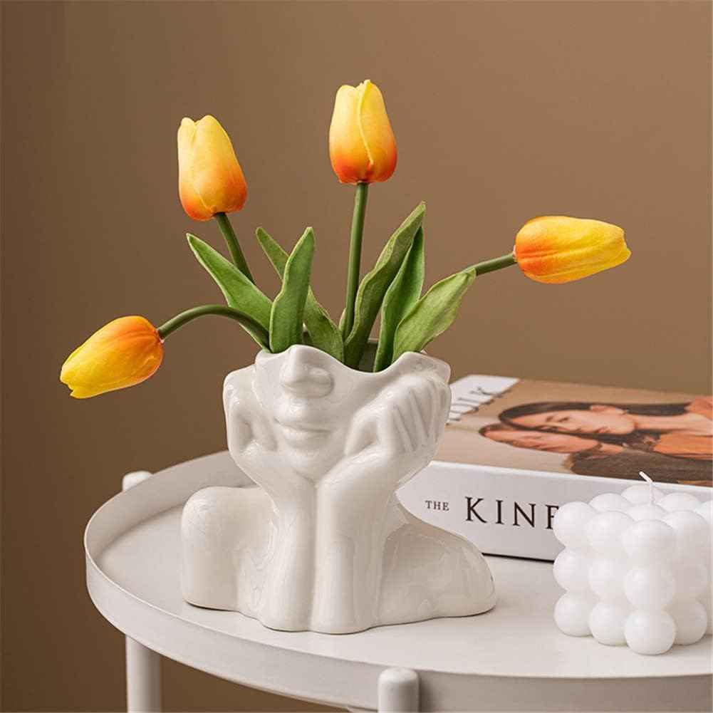 Ceramic Face Vase, White Flower Vases for Decor Female Form Head Half Body Vase Boho Unique Decorative Modern Style for Home Living Room Office Book Shelf (Medium)