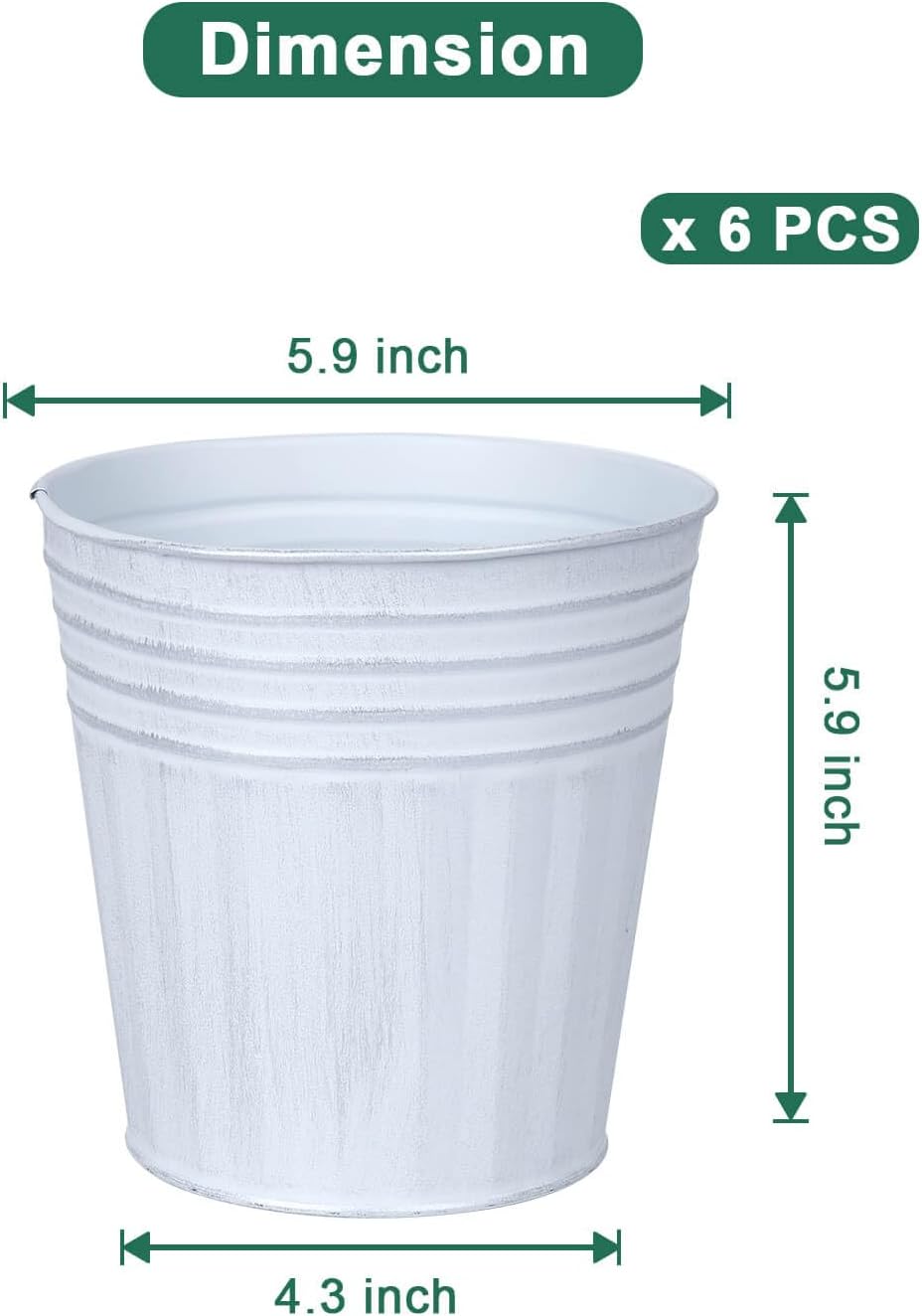 vensovo 6 Inch White Metal Rustic Flower Pots - 6Pcs Galvanized Planters with Drainage Hole and Rubber Plug, Rustproof Metal Bucket Plant Pots Farmhouse Vintage Style for Decor