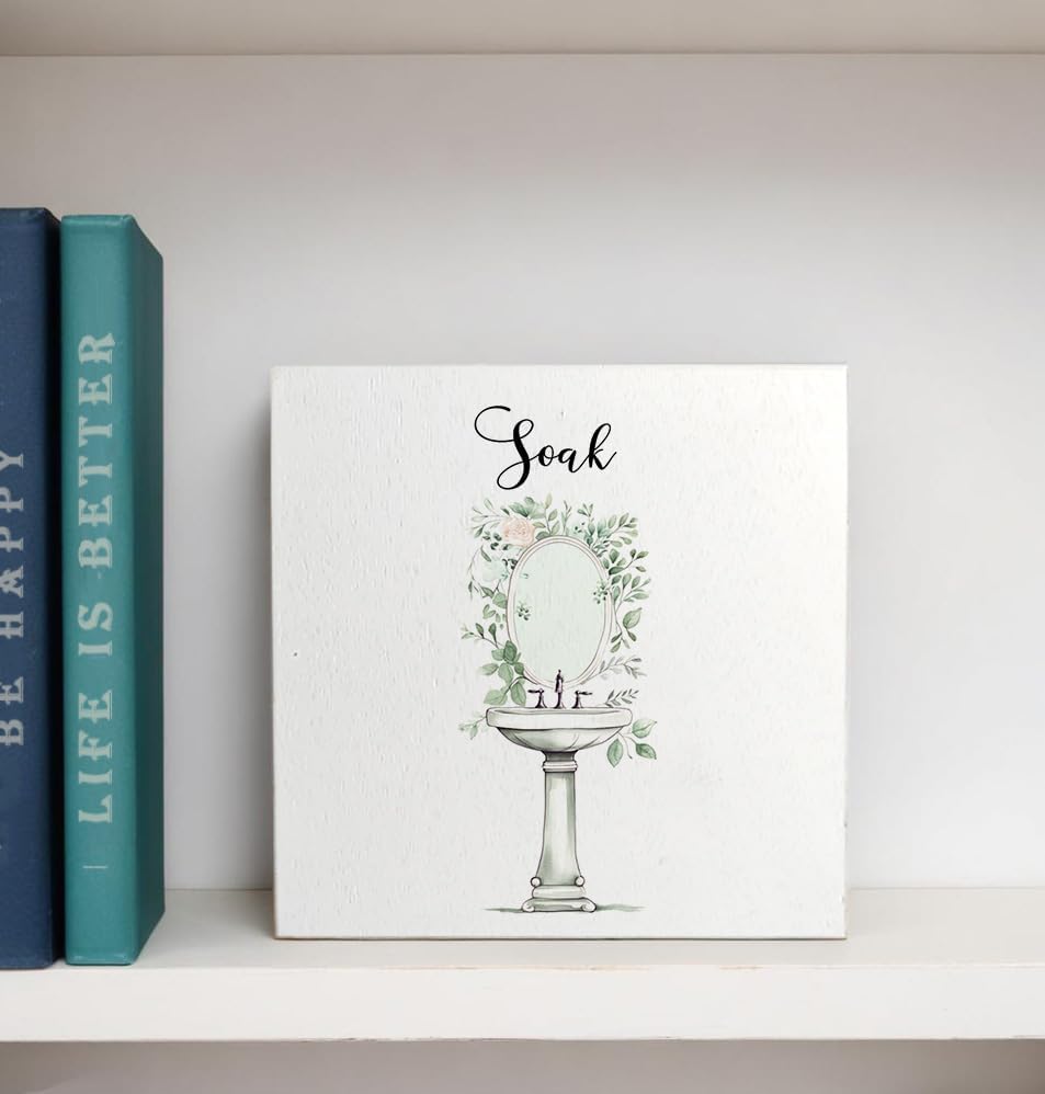 Soak Funny Bathroom Wooden Box Sign, Eucalyptus Botanical Wood Signs for Restroom Bathroom Toilet Half Bath Shelf Counter Decor, 5x5 Inch