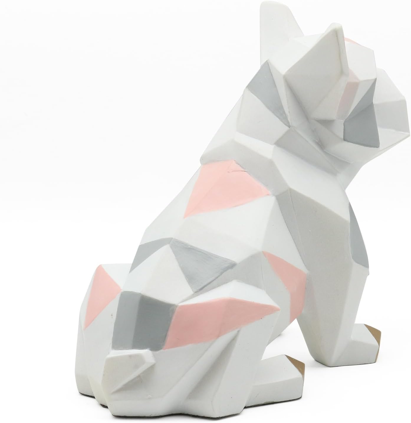 POTAMI Bulldog Sculpture Statue Geometric Gifts Figurine, Modern Art Decor, White and Pink with Gold Feet