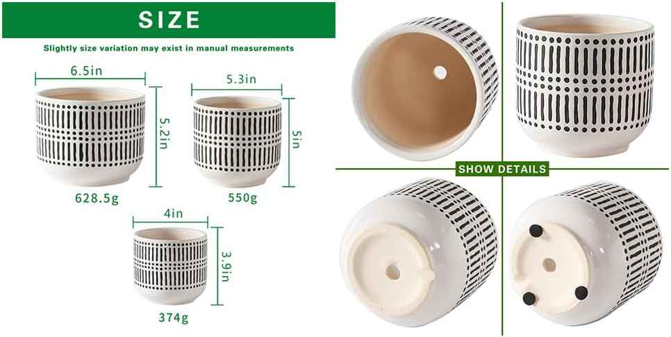 Docrin 3-Pack Ceramic Planters Set - 6.5"+5.3"+4" Dual-Tone Flower Pots with Drainage Holes, Modern Indoor Outdoor Planters for Succulents/Herbs/Large Plants, Home Office (Brownish Black & White)