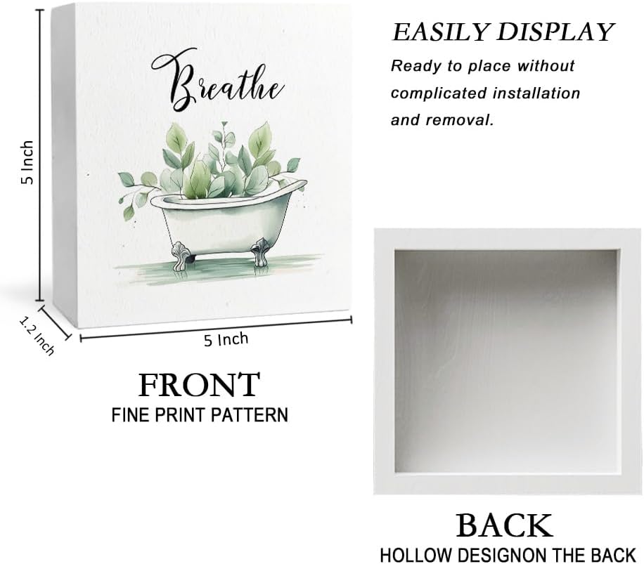 Breathe Funny Bathroom Wooden Box Sign, Eucalyptus Botanical Wood Signs for Restroom Bathroom Toilet Half Bath Shelf Counter Decor, 5x5 Inch