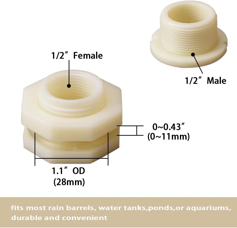 1/2" Female ABS Bulkhead Fitting, Plastic Water Tank Connector Adapter Fitting with Plugs for Outdoor rain Barrel Garden Hose Adapter Spigot kit Water Tank Gallon Drain Bucket(Set of 2)