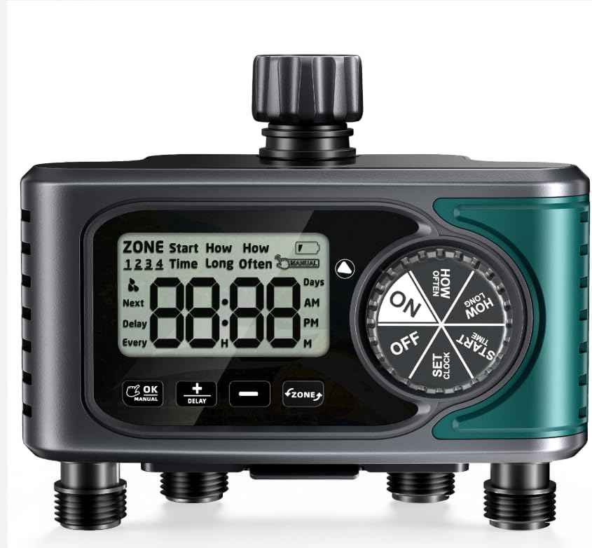 Sprinkler Timer for Outdoor Hose Faucet 4 Zone, Programmable Hose Timer with Rain Delay/Manual/Automatic Watering System, Water Timers for Garden Hose, Digital Drip Irrigation for Yard Lawn Outdoor