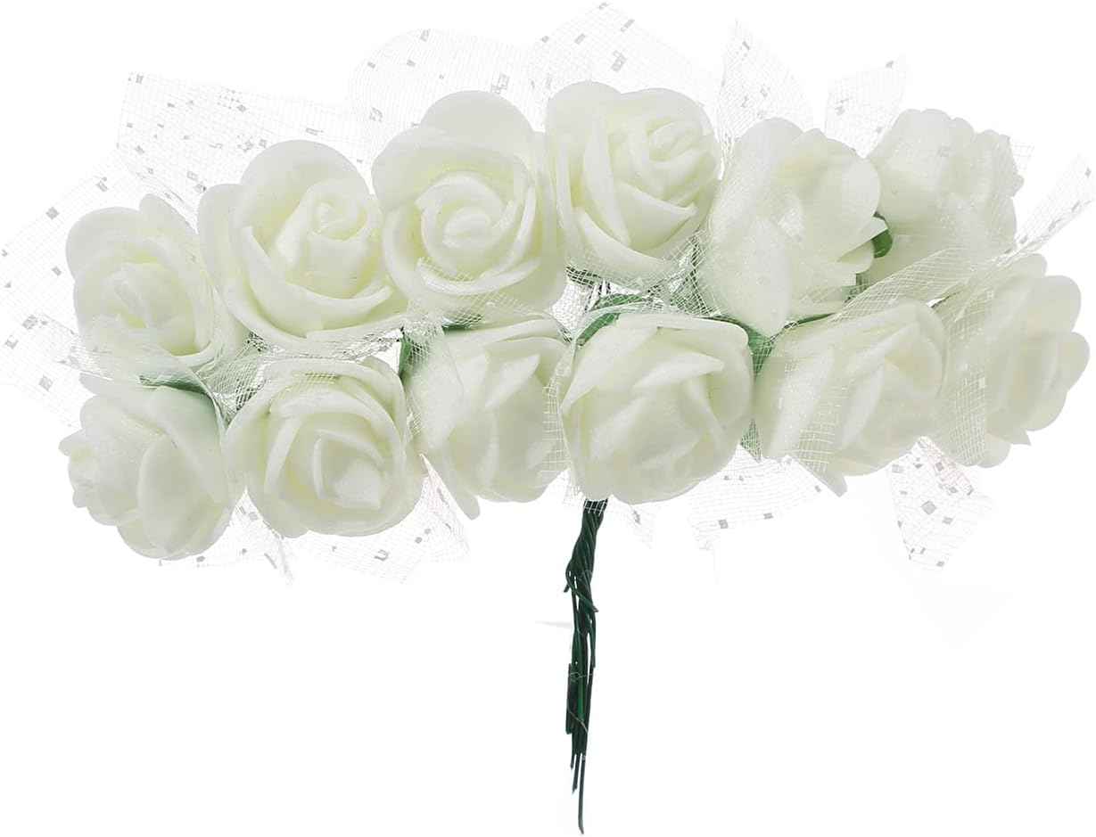 144PCS Mini Fake Roses Artificial Foam Rose Heads with Wire Rods DIY Wedding Flowers Accessories Make Bridal Hair Clips Headbands Dress,Milk White