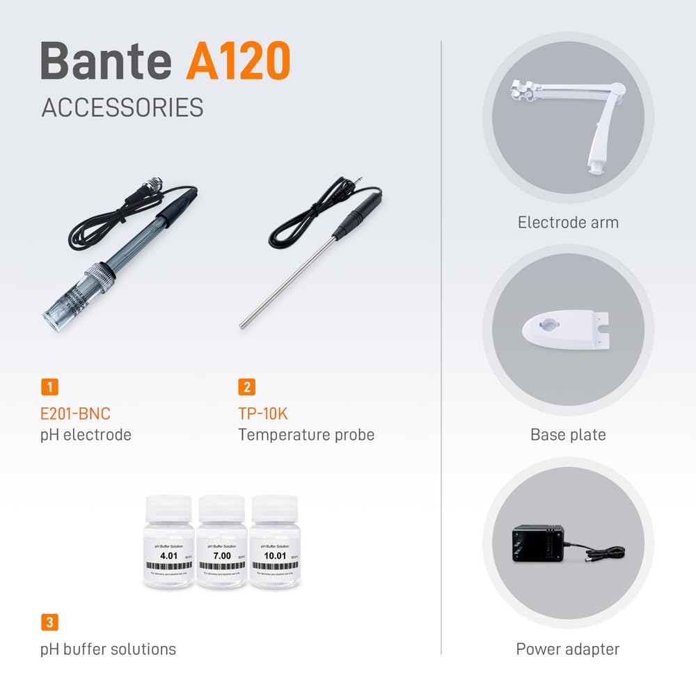 Bante A120 Laboratory pH Meter | Benchtop pH Meter | ±0.002 pH Accuracy, 5 Points Calibration, Selectable ORP Measurement Mode, Auto-Read Endpoint, 1000 Sets of Data Storage