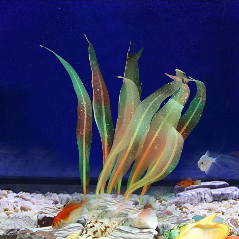 1Pcs Aquarium Decoration Plastic Plants Fish Tank Artificial Plants Glowing Aquarium Kelp Move with Water Flows Soft Silicone Aquatic Seaweed Ornament,Orange,9.84in