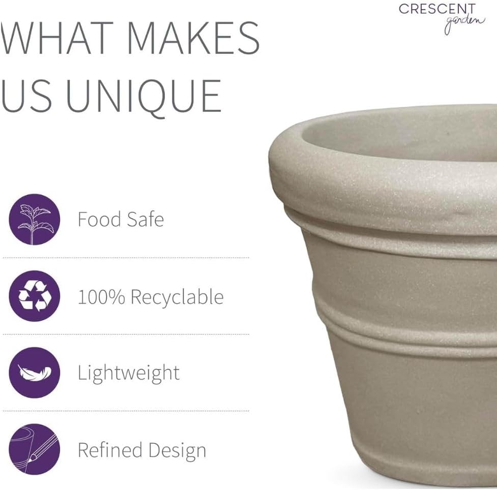 Crescent Garden Brunello Classic Rolled Rim Planter Pot, Indoor/Outdoor Weather-Safe Round Plant Pot, Premium Plastic Flowerpot for Houseplants, Herbs - 16''W (Parchment)