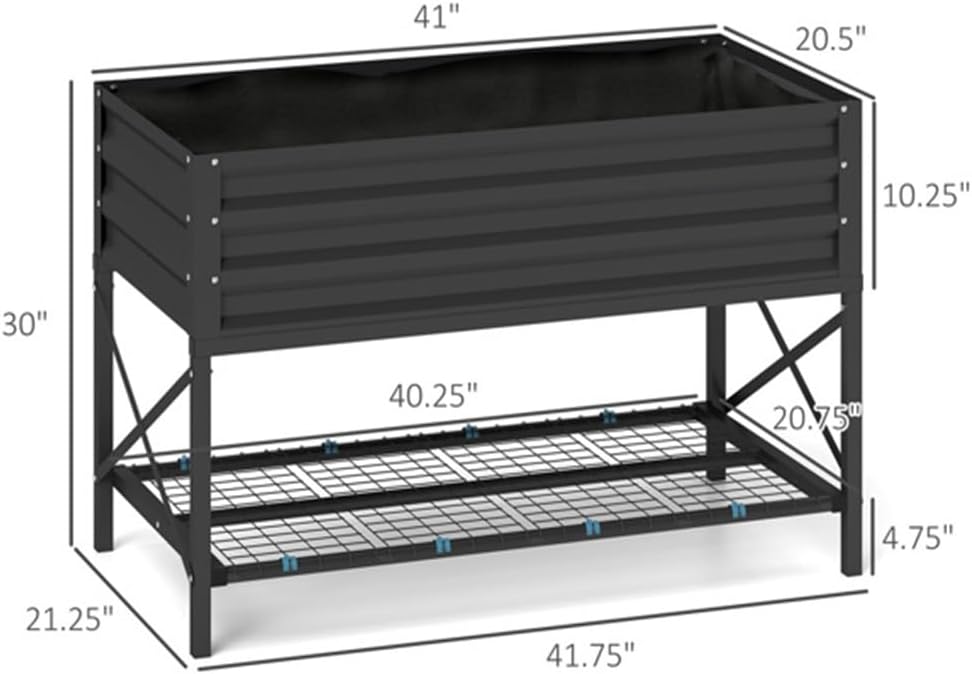 Elevated Metal Raised Planter with Shelf, 41" Galvanized Steel Garden Bed, Ergonomic Height for Outdoor Gardening, Balcony(Dark Gray)