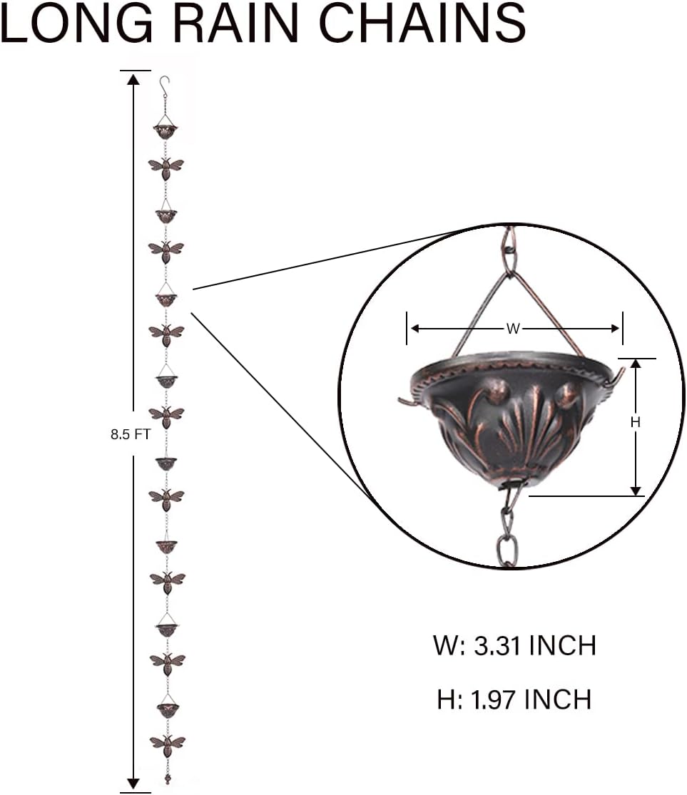 8.5Ft Bee and Cup Rain Chain Outdoor Decorative Rain Gutter Drain Rain Catcher Gutter Chain