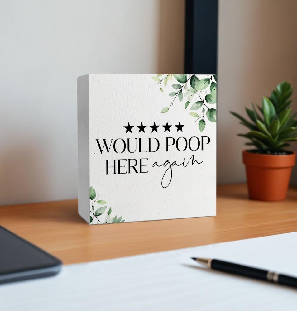 Would Poop Here Again Funny Bathroom Wooden Box Sign, Eucalyptus Botanical Wood Signs Plaque for Bathroom Washroom Toilet Counter Shelf Table Decor, 5x5 Inch