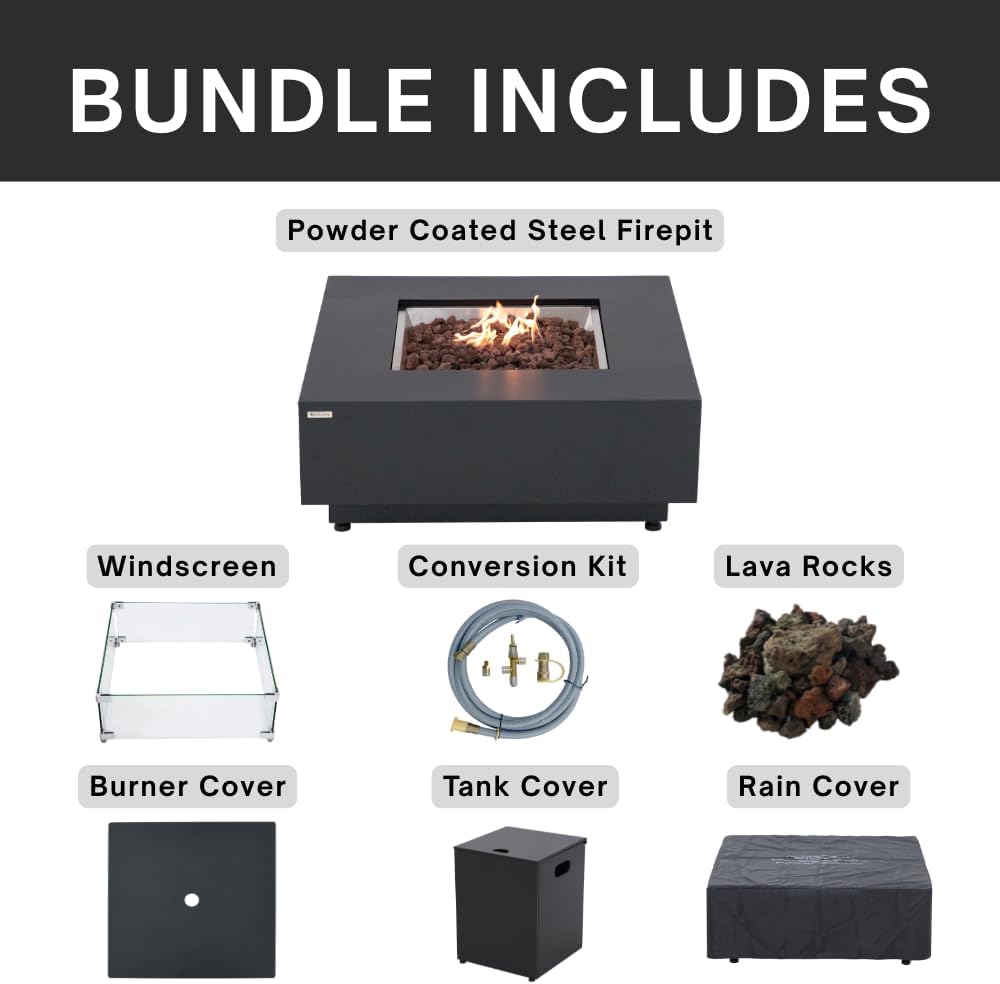 Ashton 36” Propane Fire Pit Smokeless Firepit Converts to Outdoor Gas Fire Pit for Outside Patio Firepit Table Includes Windscreen Rain & Tank Cover Lava Rocks Lid CSA Certified