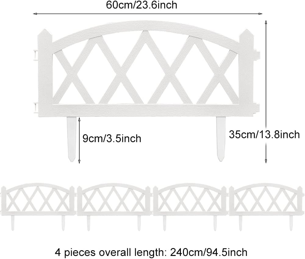 Sungmor Plastic White Garden Picket Fence, Grass Lawn Flower Beds Landscaping Edging Borders, Outdoor Path Fence Panels, Pack of 8, Lightweight & Easy Installation
