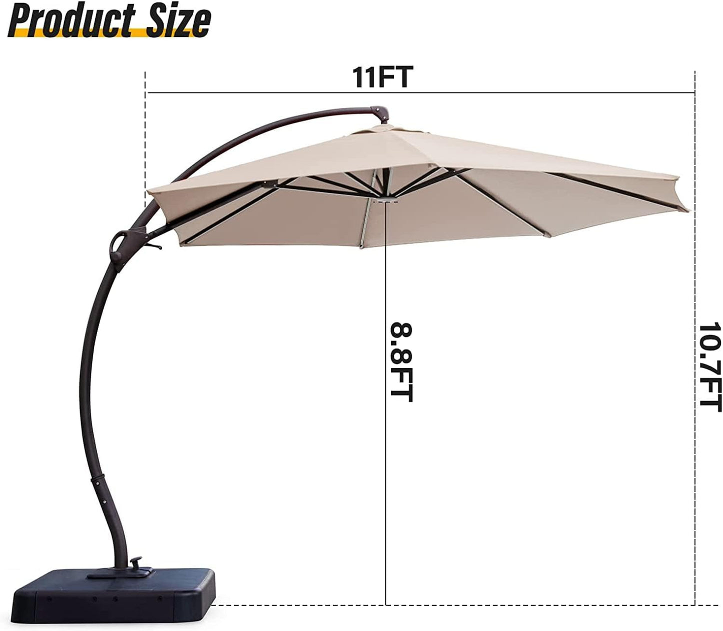 LAUSAINT HOME11FT Patio Cantilever Umbrella with Base Outdoor Curvy Round Offset Umbrella, Heavy Duty Aluminum Patio Umbrella with 360°Rotation and Windproof, for Garden, Pool, Deck, Backyard, Market(11 FT Champagne）