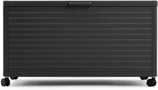 134 Gallon Outdoor Storage Box Waterproof, Metal Deck Box with wheels for Patio Furniture, Garden Tools, Outdoor Cushion, Charcoal