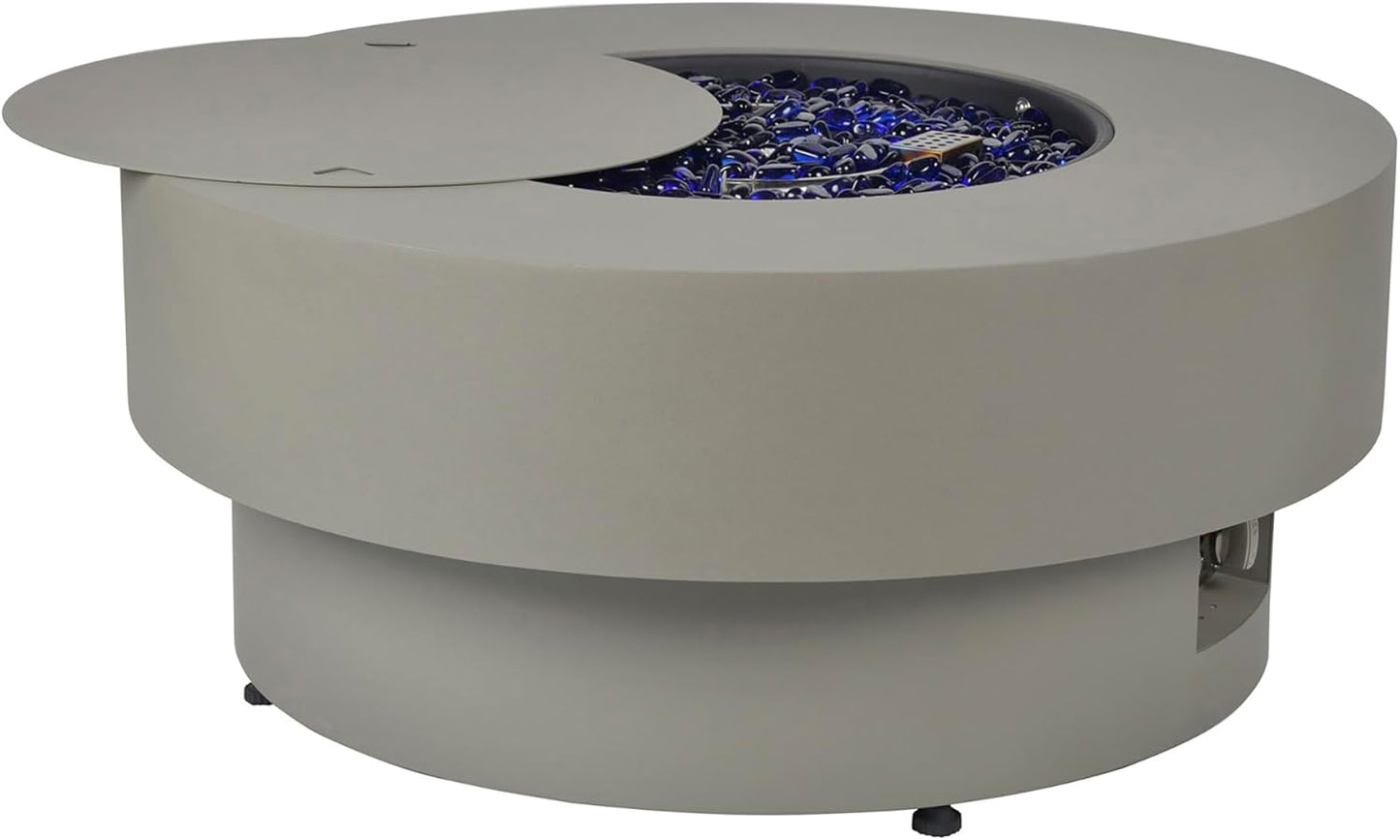 Propane Outdoor Fire Pit Table, Flint & Concrete Look 32-inch Round Patio Propane Fire Table 50,000 BTU w/Lid, Glass Rocks, Cover, Pre-Attached 10ft Hose